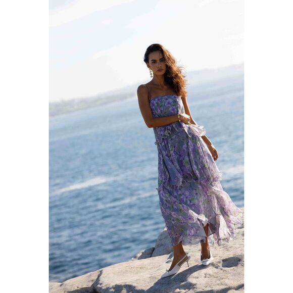 Elliatt Milena Strapless Maxi Dress Purple Floral Wedding Guest Size L  NWT - Picture 2 of 6